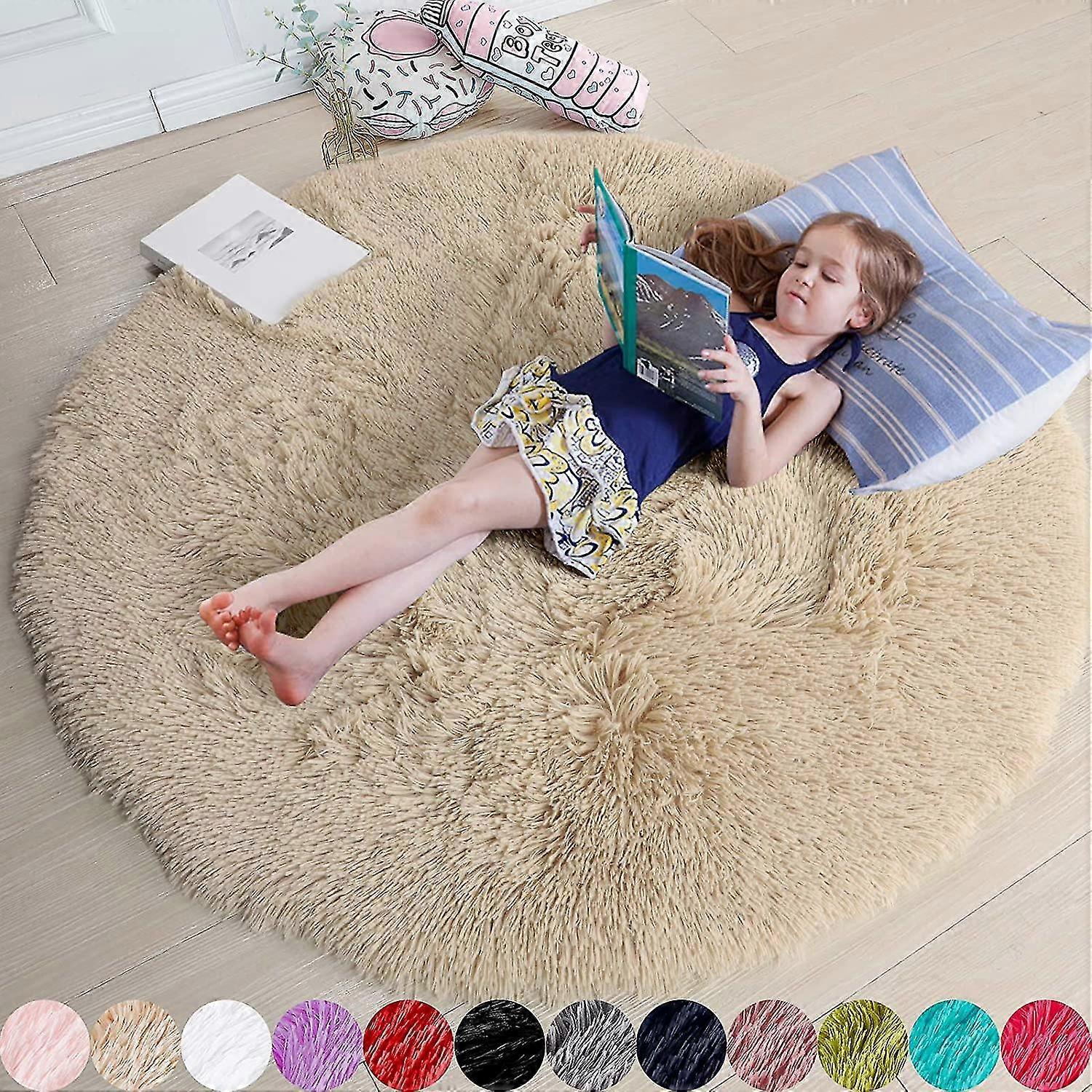 Blush Rund matta för sovrum, fluffig cirkelmatta 4'x4' för barnrum, lurvig matta för tonårsflickor, raggig circul