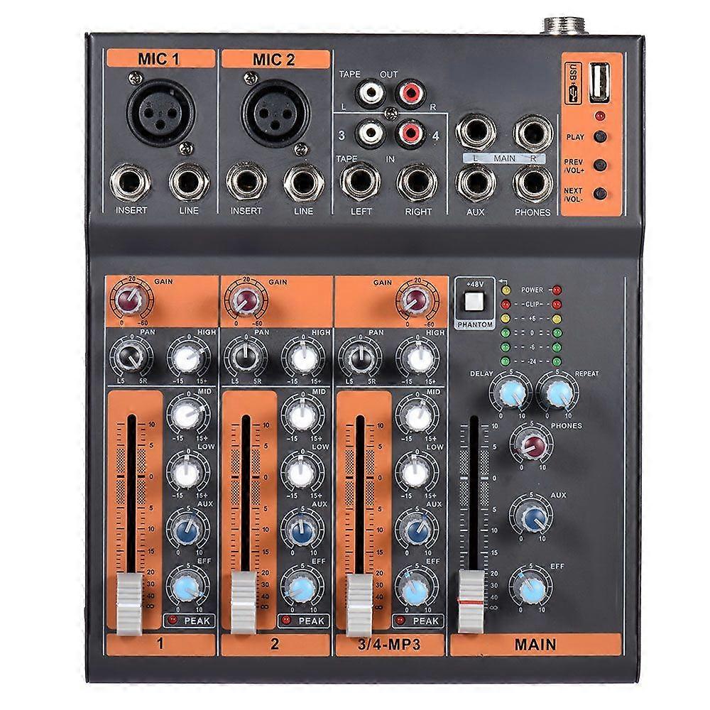 Portable 4-Channel Mic Line Audio Mixer Mixing Console 3-band EQ USB Interface 48V Phantom Power with Power Adapter