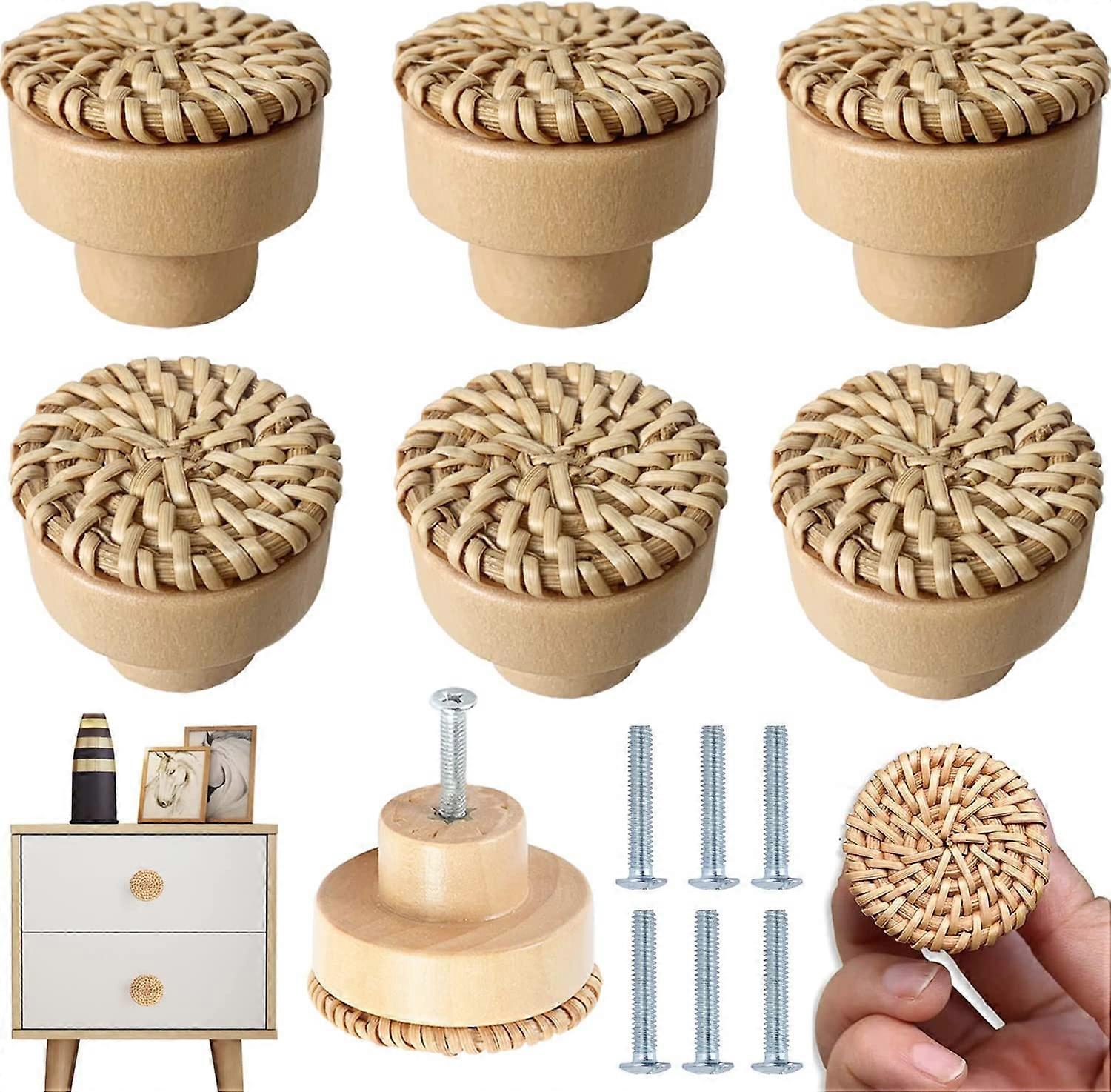 Set of 6 Round Rattan Furniture Knobs, Handmade, for Dresser, Drawer
