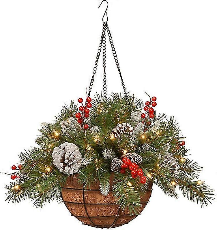 Pre-lit Artificial Christmas Hanging Basket Decorated With Frosted Pine Cones