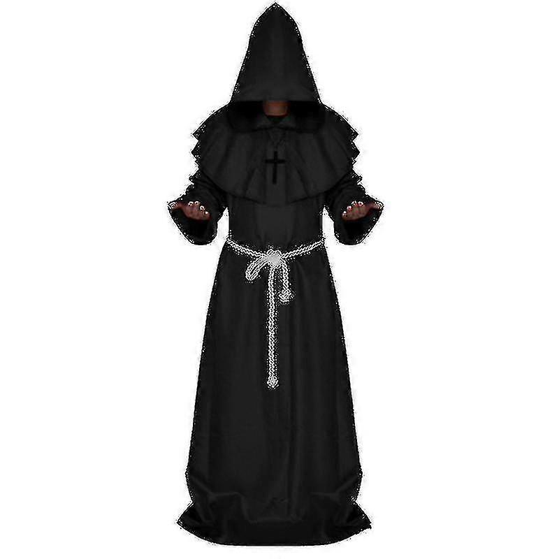 Men Monk Hooded Robe Cloak Cape Friar Medieval Priest   Costume_y