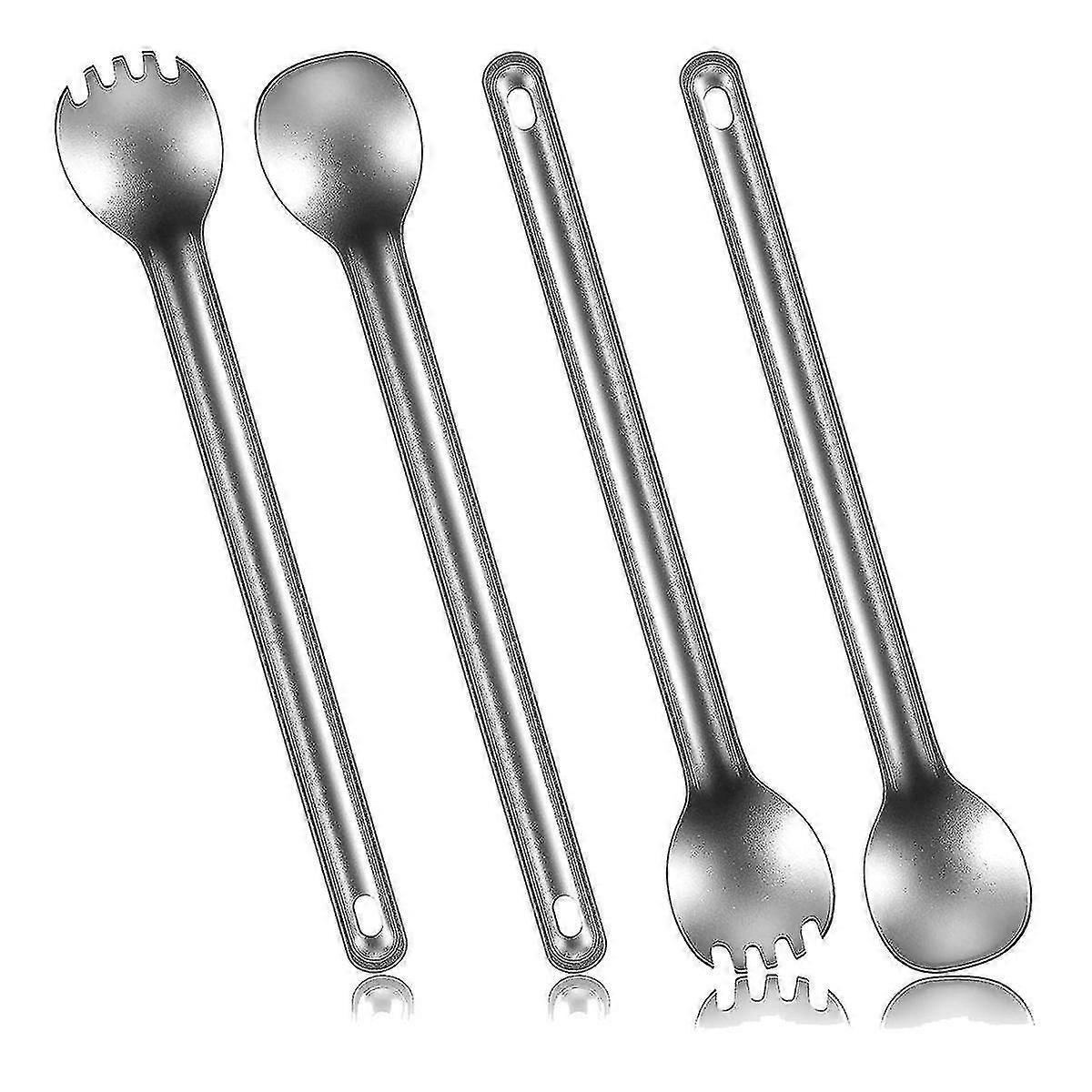 4 Pieces Titanium Long Handle Spork And Spoon Ultralight Portable Flatware For Outdoor Camping Back