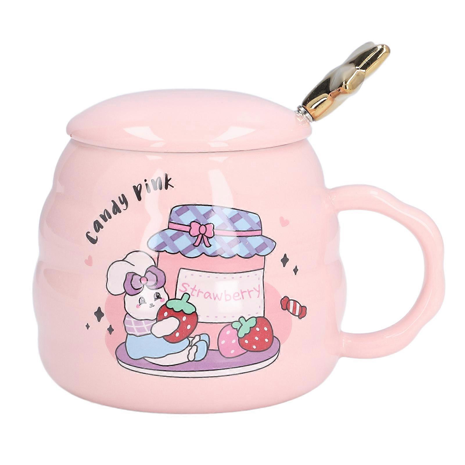 450ml Ceramic Coffee Cup - Strawberry Pattern Mug with Lid & Spoon for Office & Home