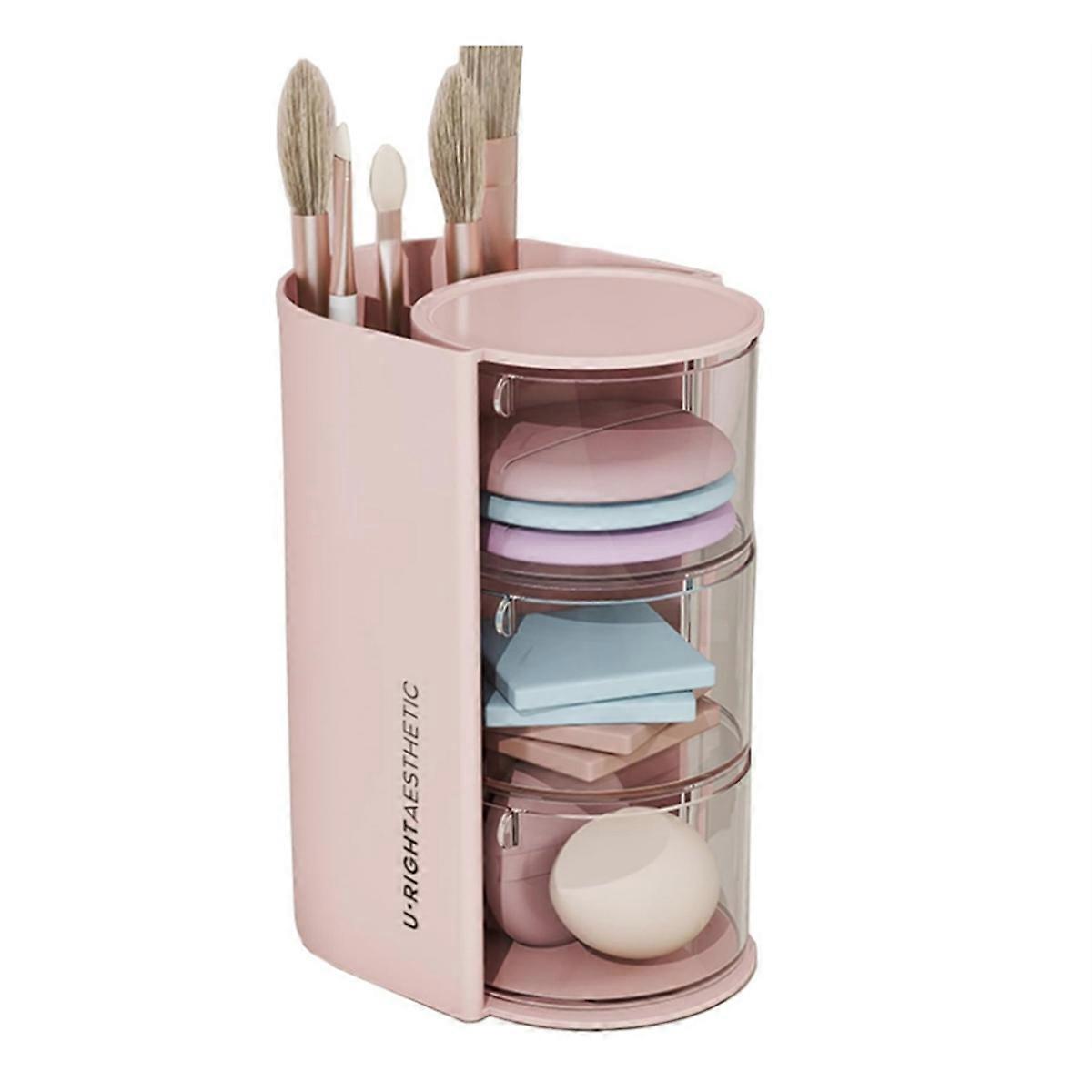 Makeup Brush Holder Organizer with 2 Slot, 3-Layer, Makeup Box, Pink