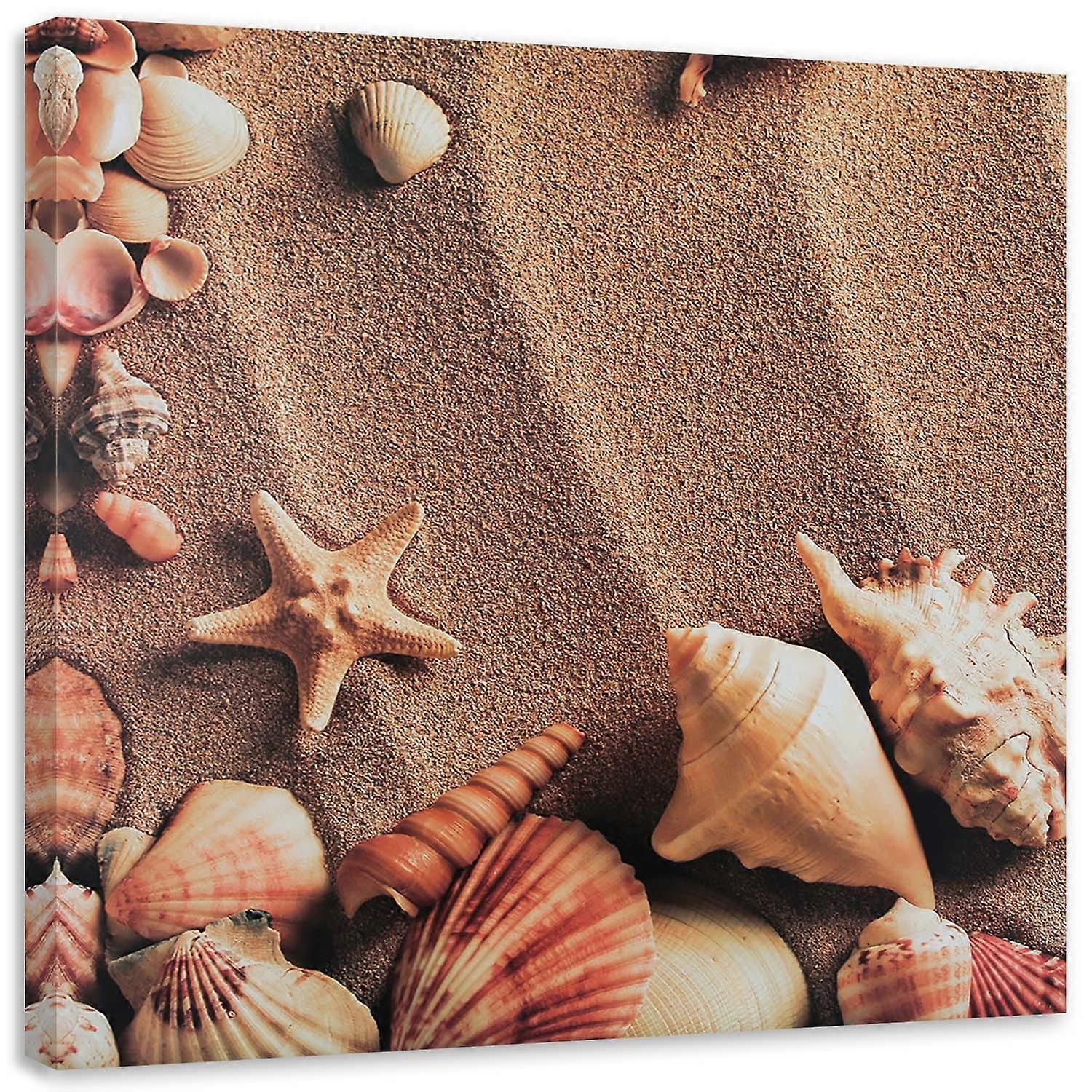 Impression sur toile, Coquillages sur sable sec - 40x40