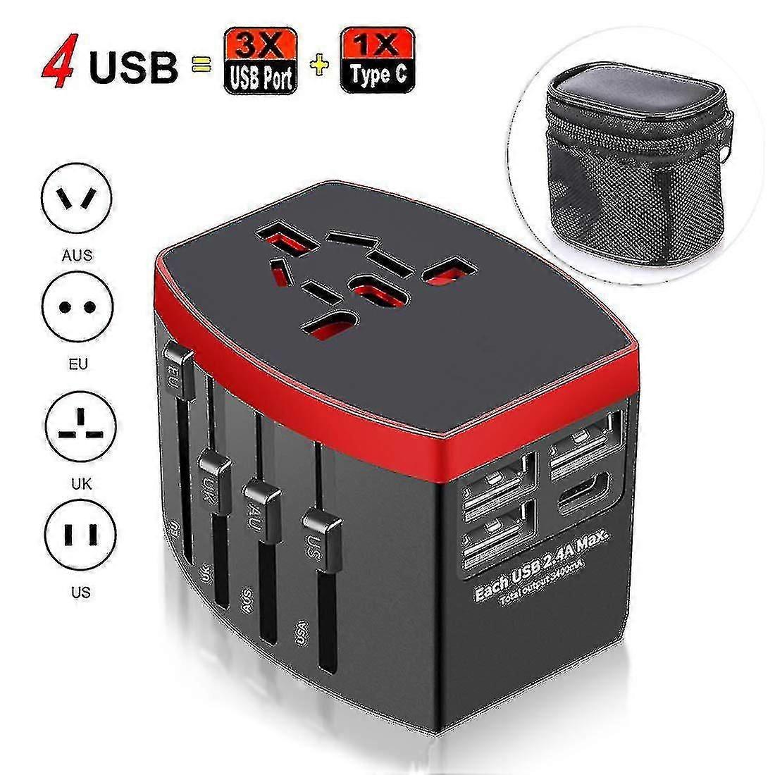 Universal Travel Adapter,international Universal Plug With 4 In 1 Usb,black