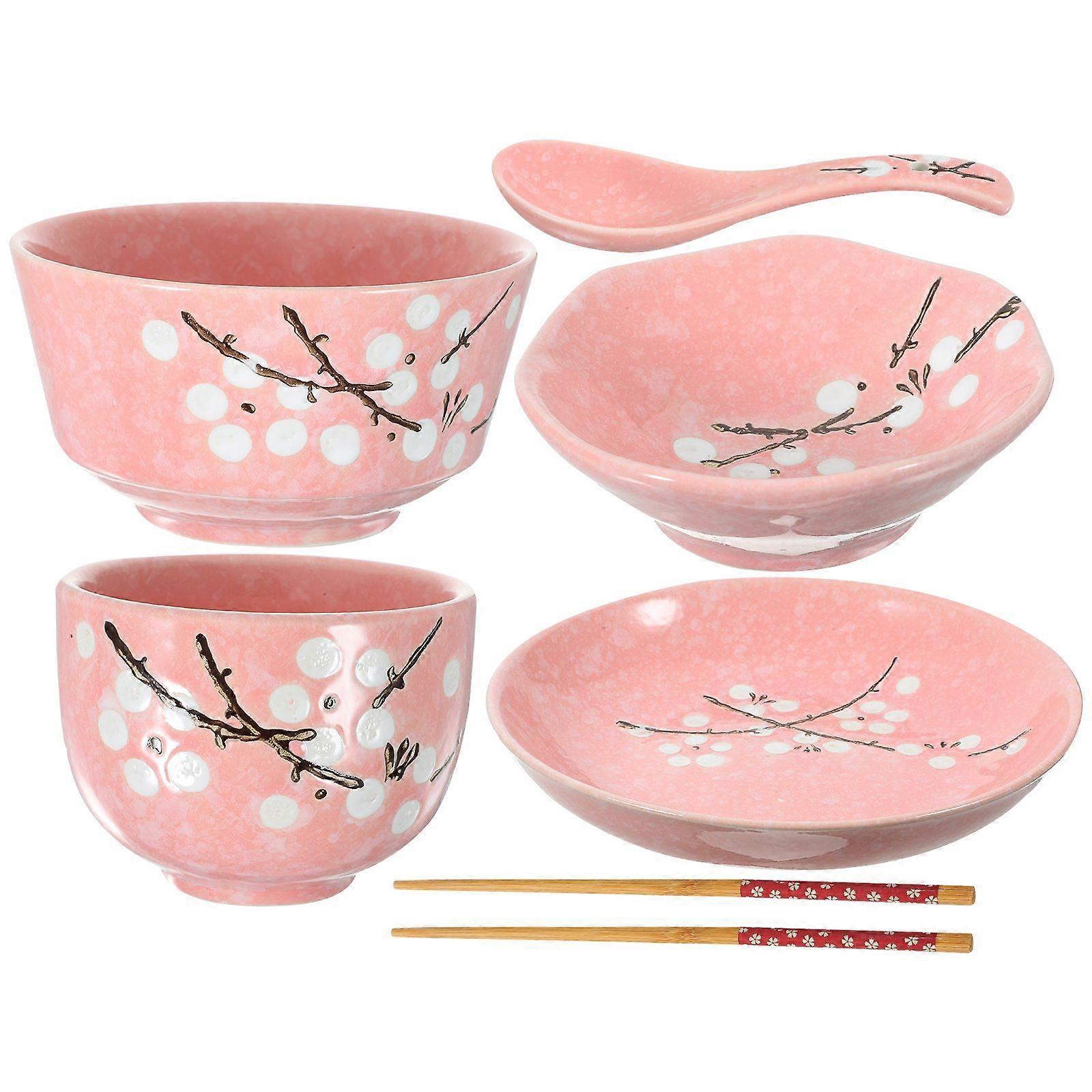 6pcs Japanese Style Ceramic Tableware Set Household Cutlery Creative Ceramic Dinnerware Set (Pink)