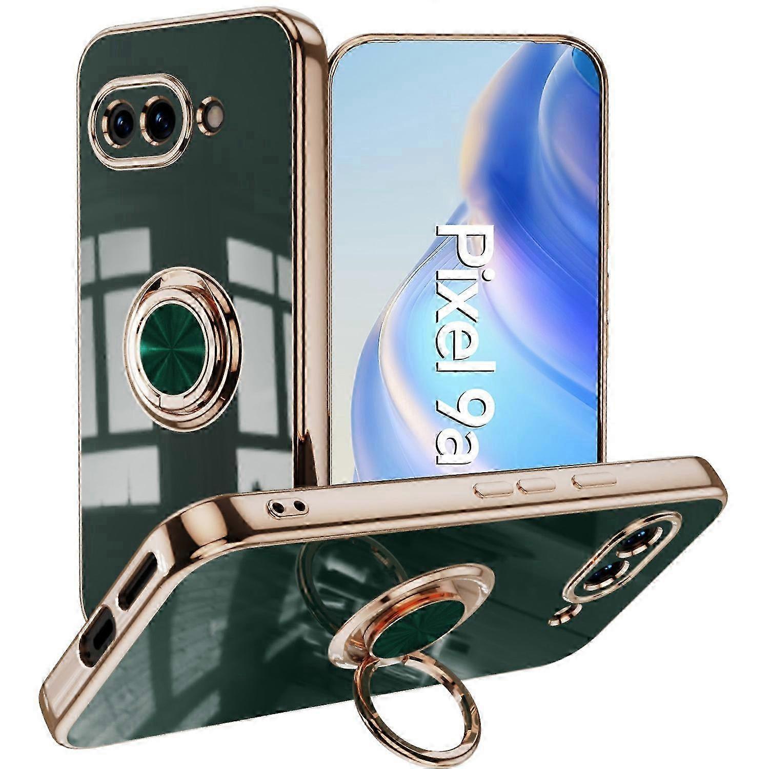 Google Pixel 9a Case with Ring Holder - 6D Electroplating TPU Cover, Precise Cutouts, Grey