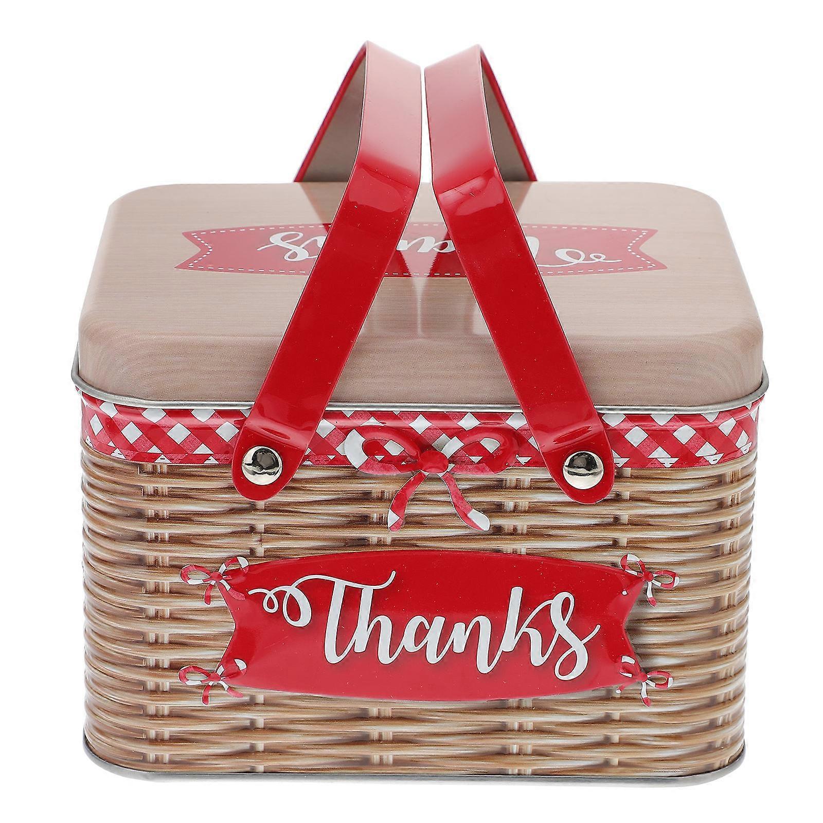 Large Red Imitation Rattan Tinplate Biscuit Box with Sealed Lid, Moisture Proof Candy Storage Container, Portable Gift Wrapping Box for Party and Food