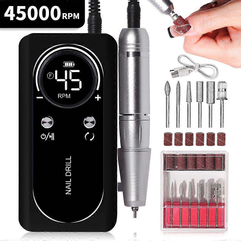 Lime à ongles portable rechargeable 45 000 tr/min, kit de perceuse à ongles électrique à monter soi-même avec écran LCD intelligent, noir