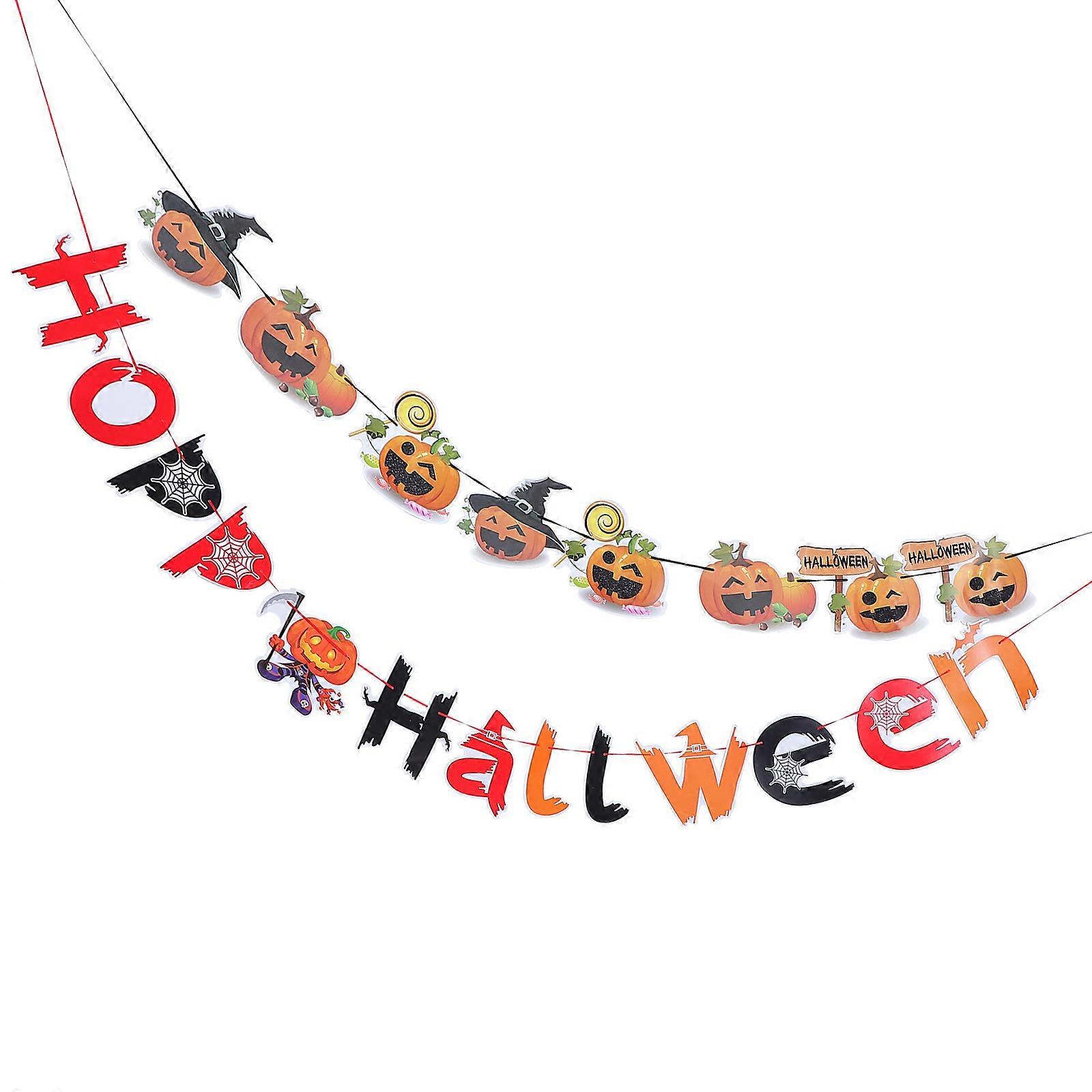 Black Paper Halloween Decorative Banner with Simulation Pumpkins for Indoor Outdoor Use 2 Pcs