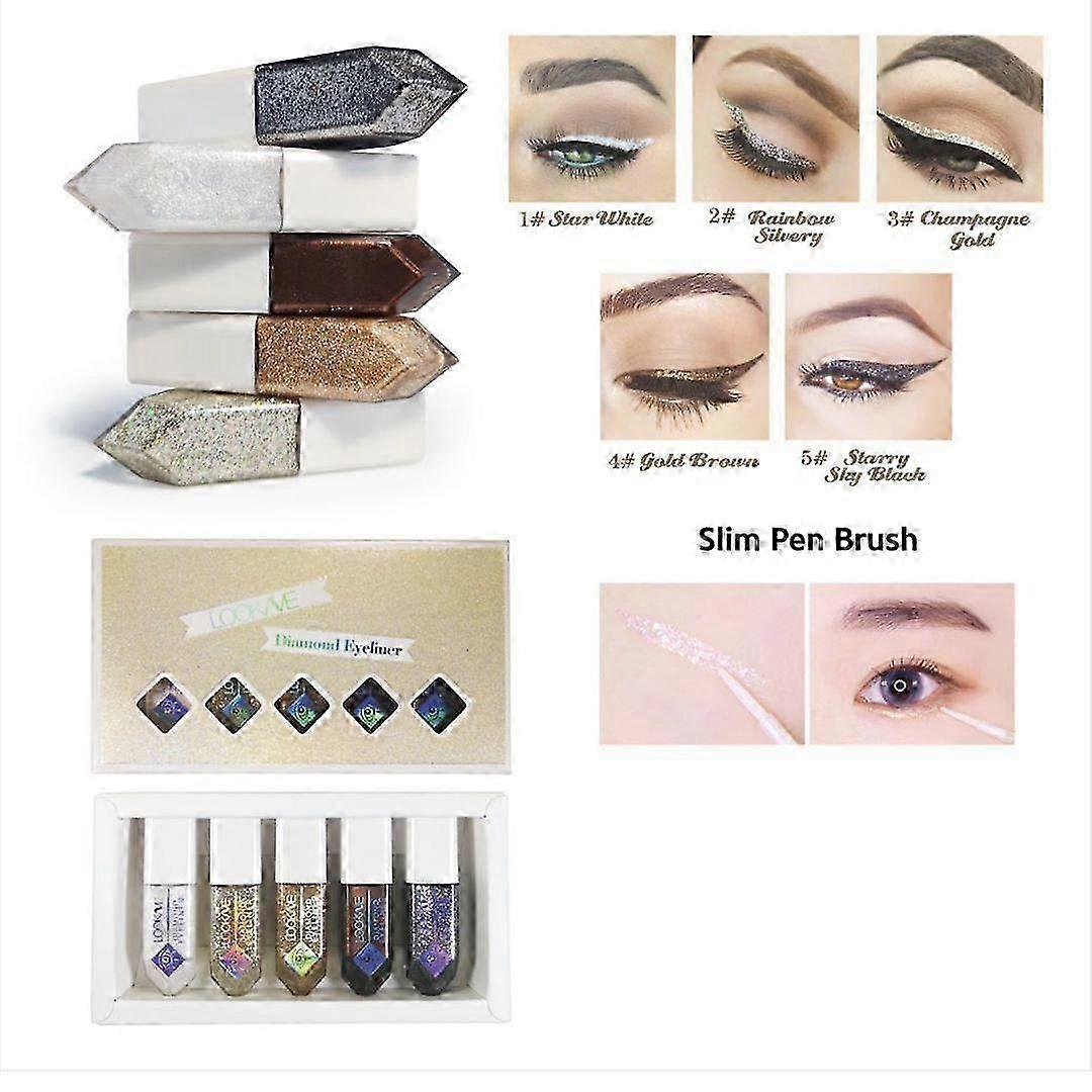 5pcsグリッターリキッドアイライナーカラフルセット、5色メタリックシマーホワイトシルバーゴールドダイヤモンドアイライナーアイメイクアップ