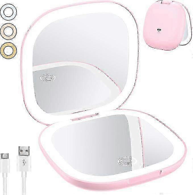 Rechargeable Makeup Mirror with 1X/10X Magnification, Double Light Strip, 3 Color Modes, Portable Pocket Mirror for Travel and Home Use