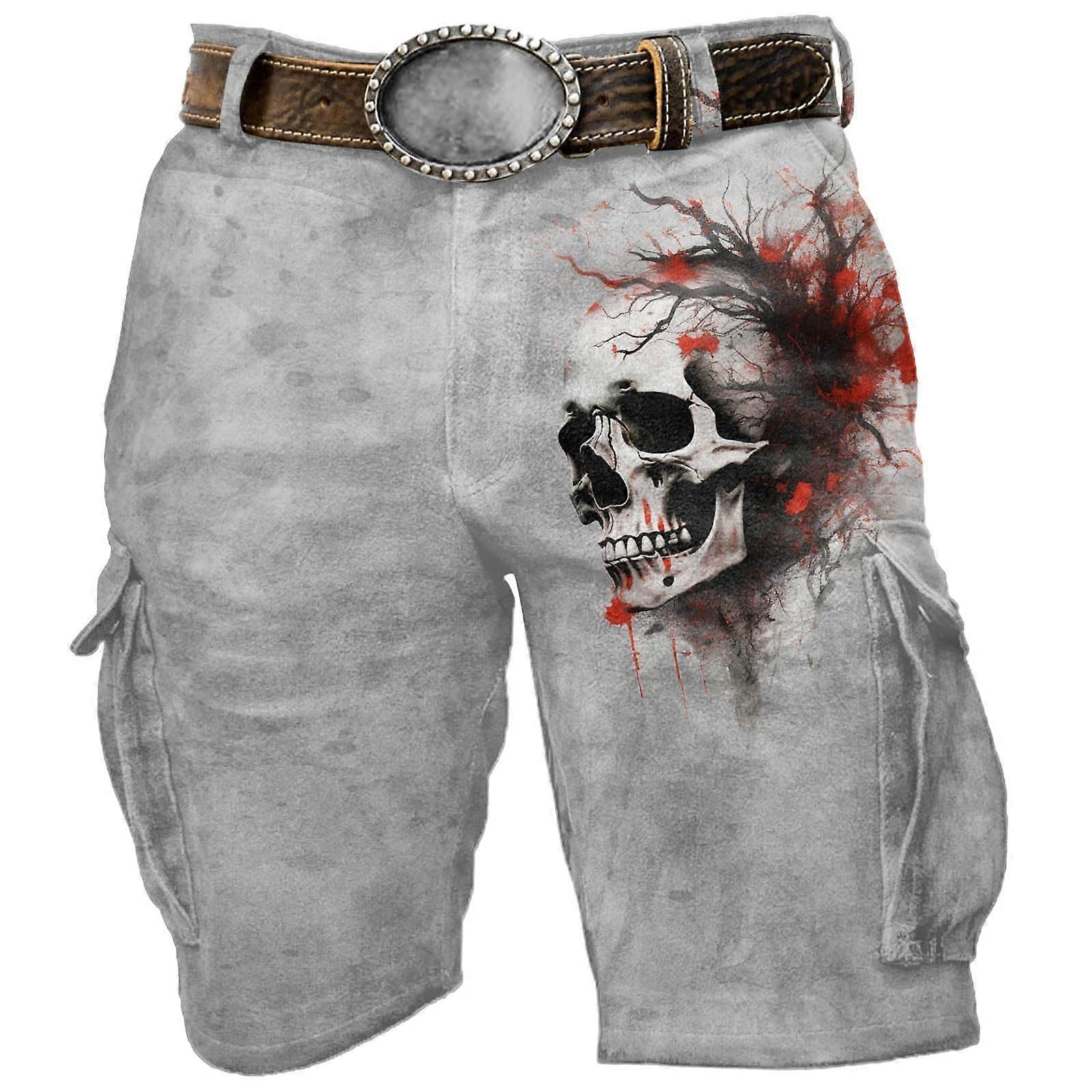 Skull Print Cargo Shorts Men's Vintage Bermuda Summer Shorts Funky Functional