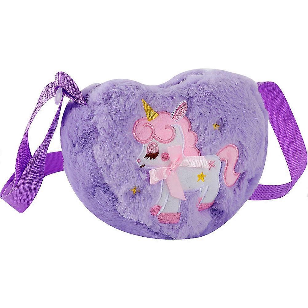 Cute Cartoon Unicorn Crossbody Bag For Girls Daily Use Purple Plush Heart Shape 1Pack