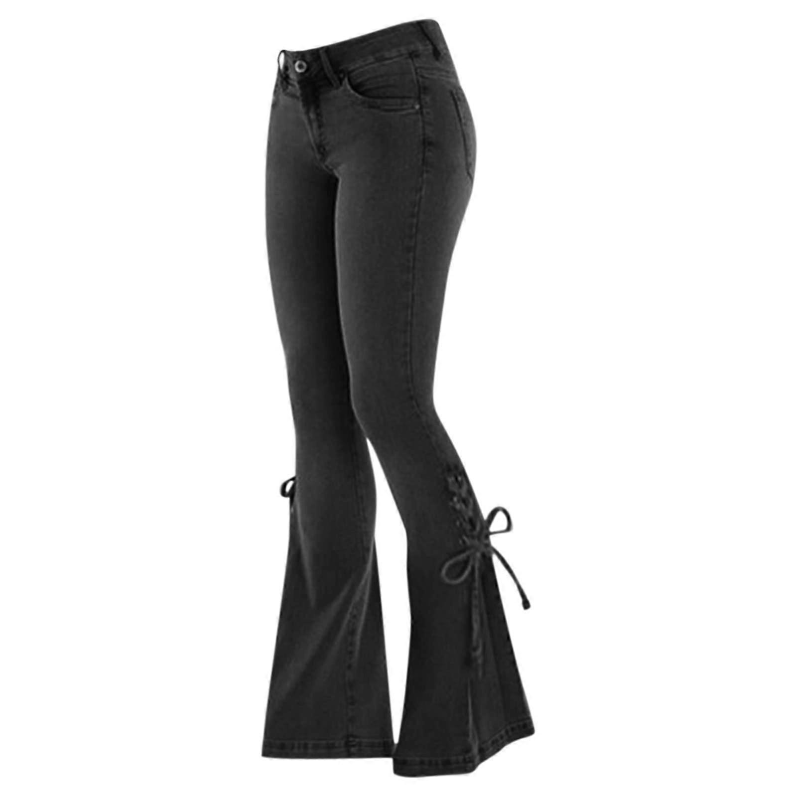 Women's Waist Flared Jeans 70s Stretch Denim Pants with Pockets