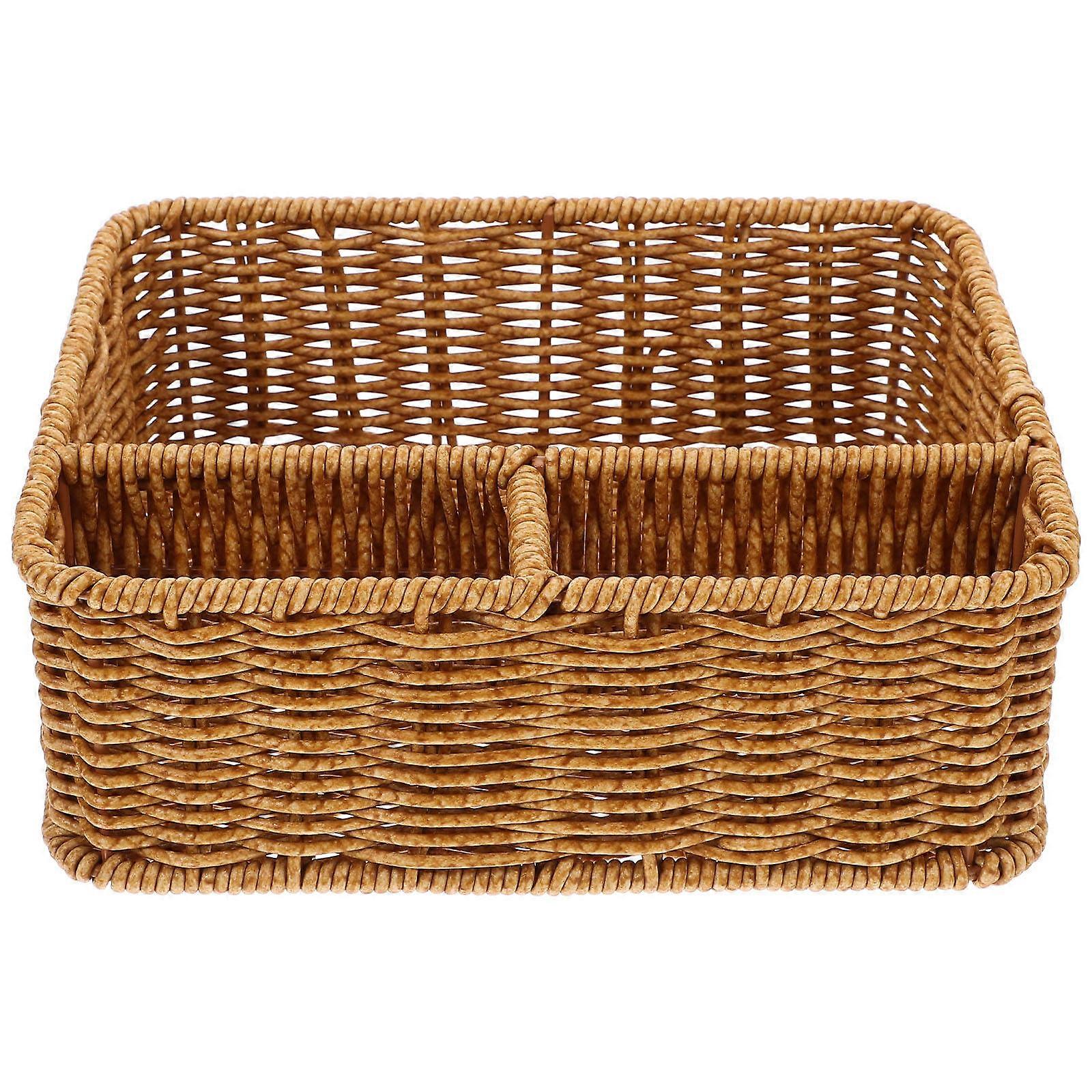 Stylish Imitation Rattan Woven Tissue Box with Compartments for Home or Office – Compact Napkin Dispenser for Tissues and Remotes, Light Brown