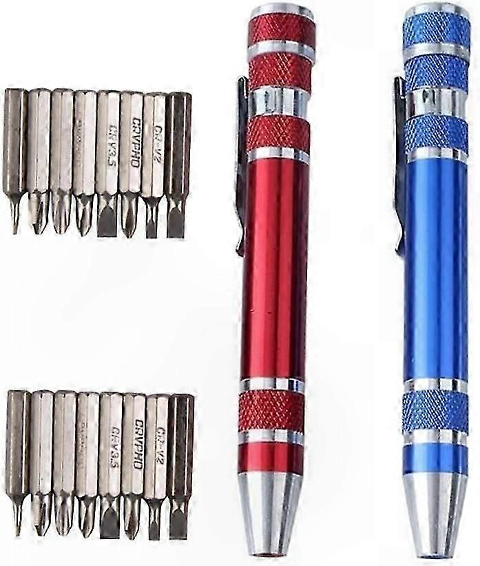 Set di cacciaviti 8 in 1 con 2 pezzi, punte di precisione per riparazioni a taglio, design con penna a sfera (rosso e blu)