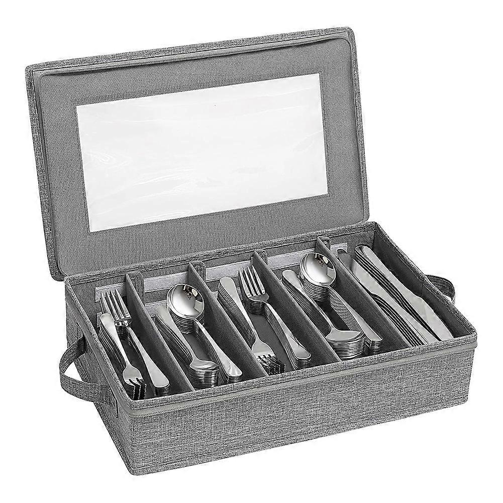 Silverware Storage Box,Flatware Organizer with Zipper Lid, 5 Compartment Cutlery Case with Adjustable Divider and Handle