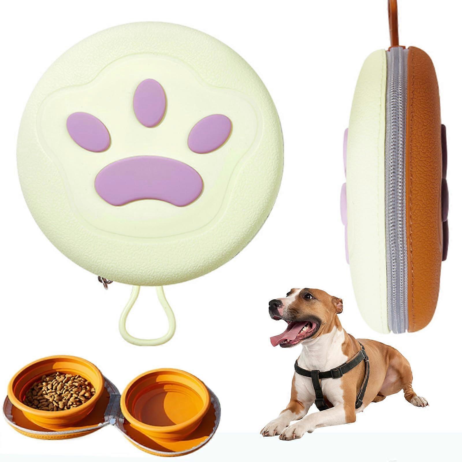 Foldable 2-in-1 Portable Dog Cat Bowl for Food and Water, Lightweight Space-Saving Design, Zippered, Brown Green Color