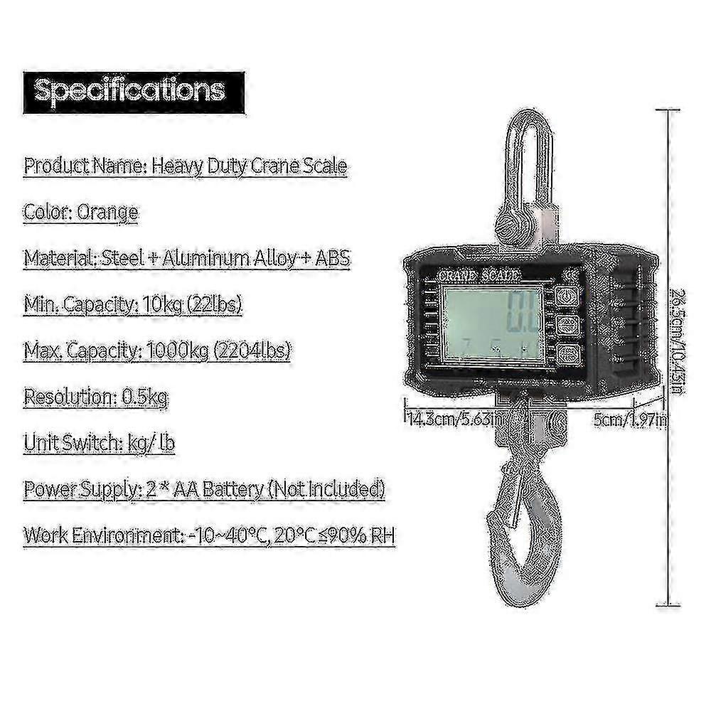 Digital Hanging Scale (1000kg/2204lbs), a portable heavy-duty crane scale with an LCD backlight and industrial hooks