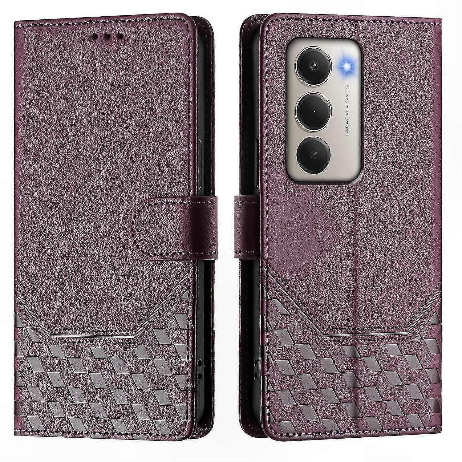 Honeycomb Pattern RFID Blocking Leather Phone Case with Strap for 5G Smartphones