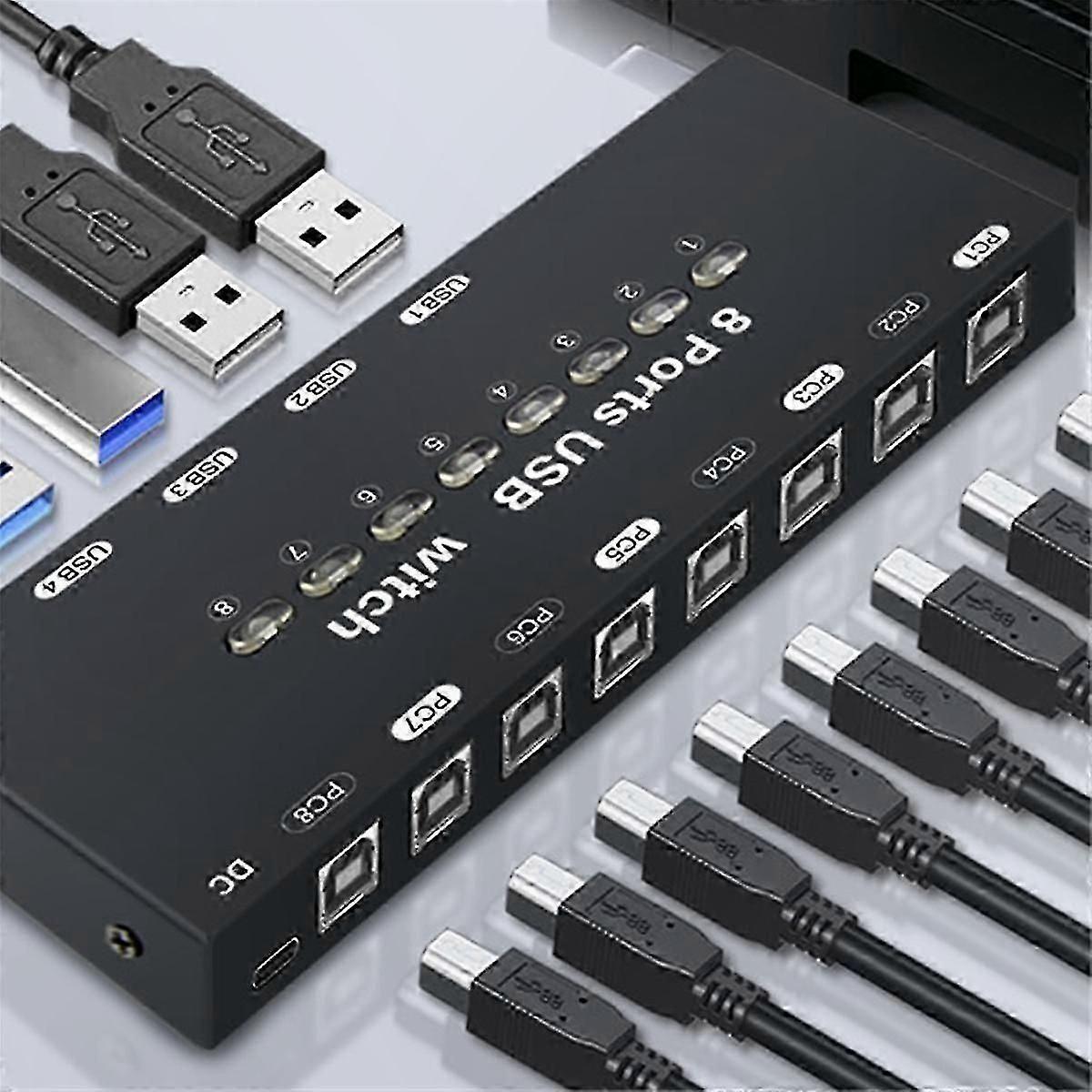 8 Port USB KVM Switch with 4 Outputs for Windows 10 PC, Keyboard, Mouse, and Printer Sharing Solution