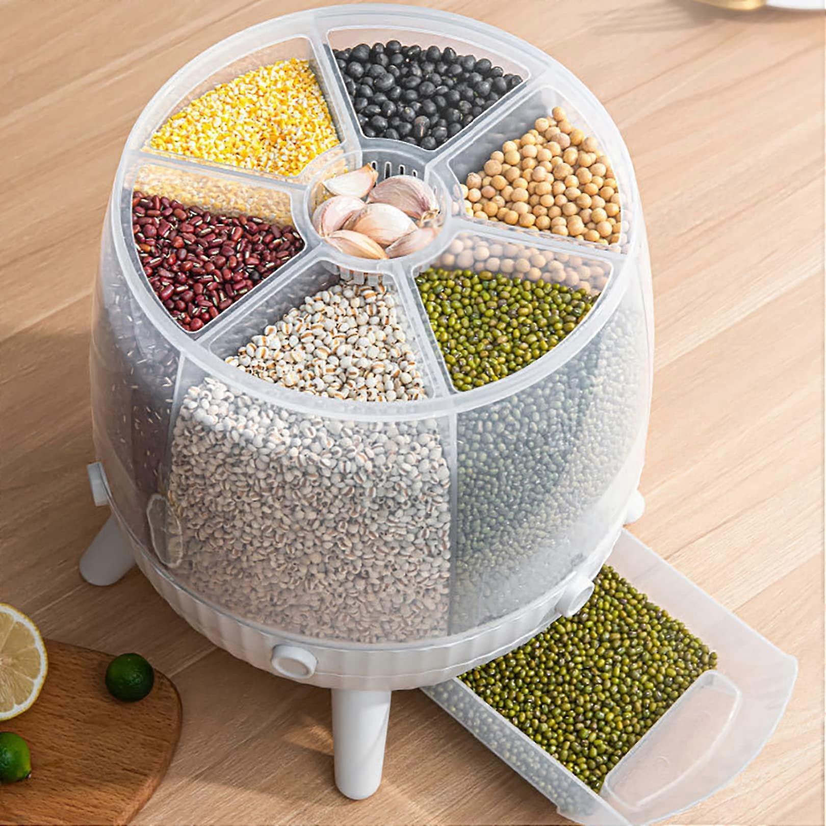 6 Grid Dry Food Storage Container 6 Kg Moisture Resistant Lid 360 Degree Rotating Grain Dispenser For Home And Kitchen