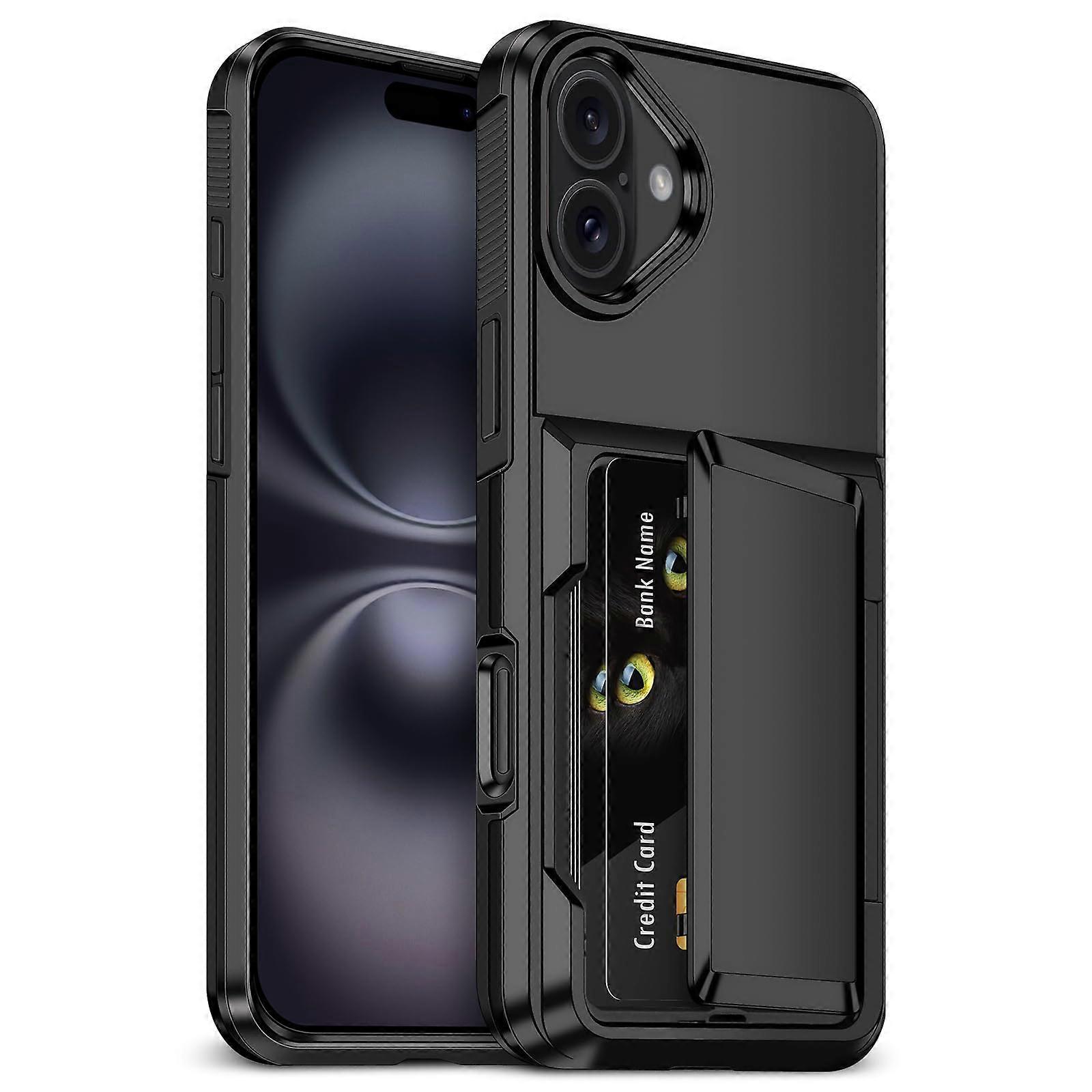 Case for iPhone 16 With Card Holder Max 4 Cards - Shockproof Dual Layer PC/TPU Bumper, Hidden Card Slot Wallet, Black
