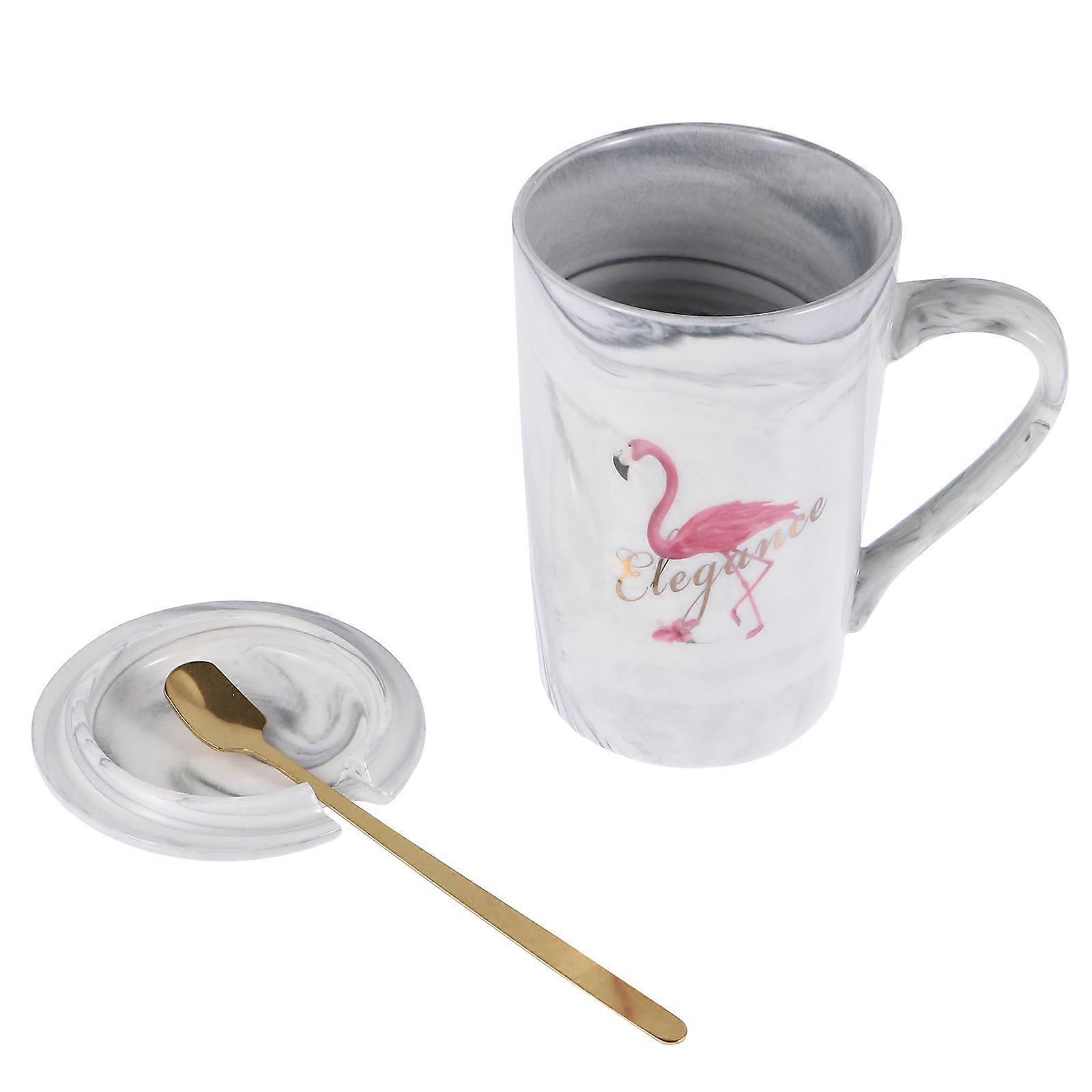 Elegant Marble Texture Coffee Mug With Lid And Golden Spoon For Drinking Beverages In Pink Color 1 Set
