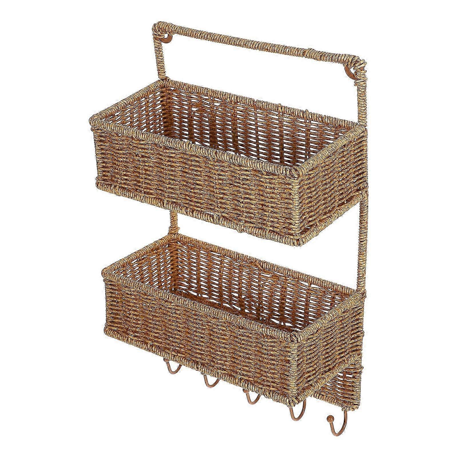 Wall-mounted Woven Basket Light Brown Hanging Storage Rack Rectangular Design 1pack