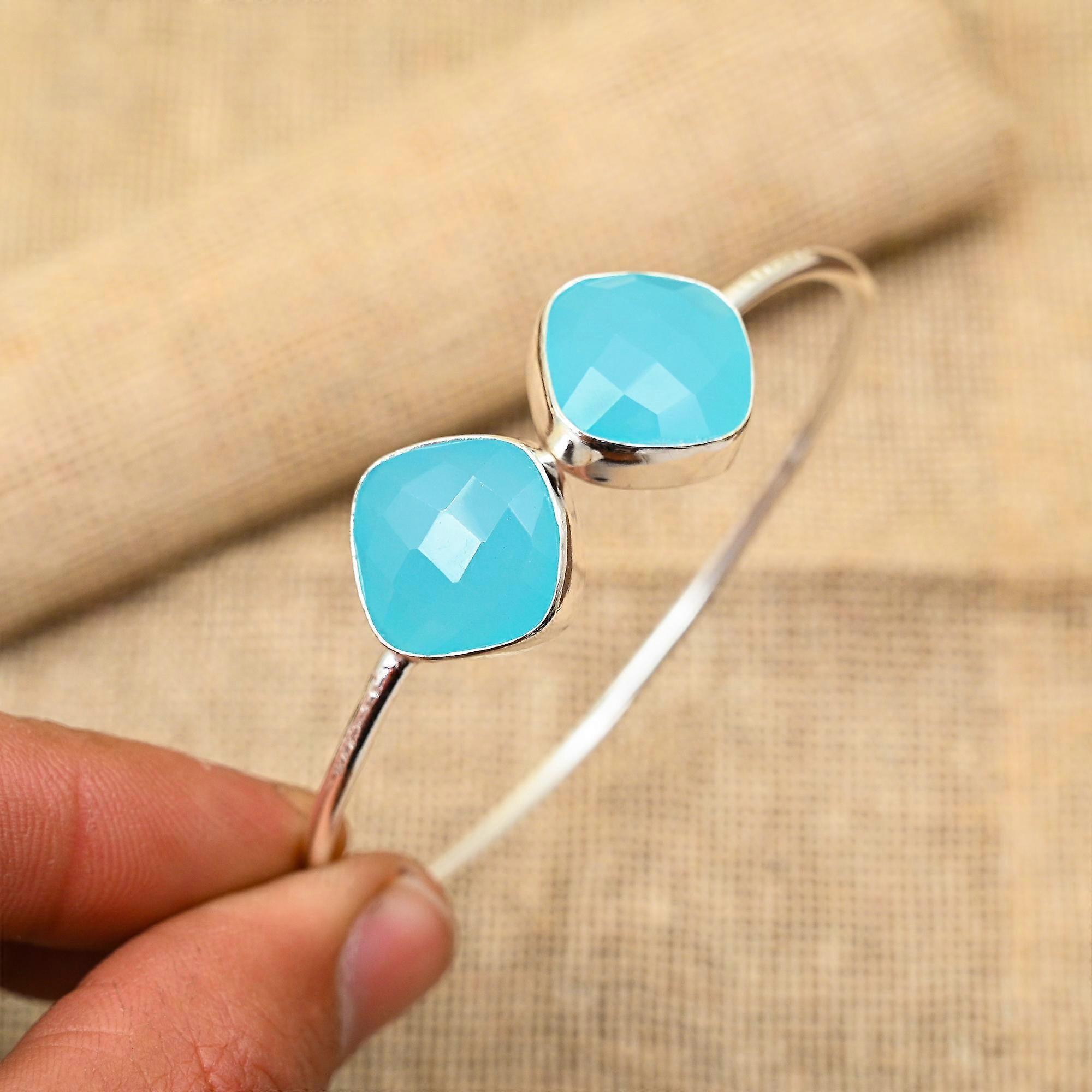 Bijuterii din argint 925 lucrate manual, cu pietre prețioase albastre calcedonie, manșetă reglabilă pentru cadou de nuntă