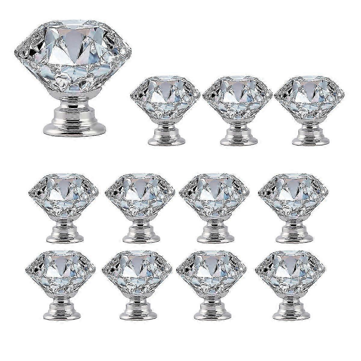 12 Pcs 30mm Glass Dresser Knobs Diamond Drawer Knobs Pulls Handles Kitchen Cabinet Knobs (silver)