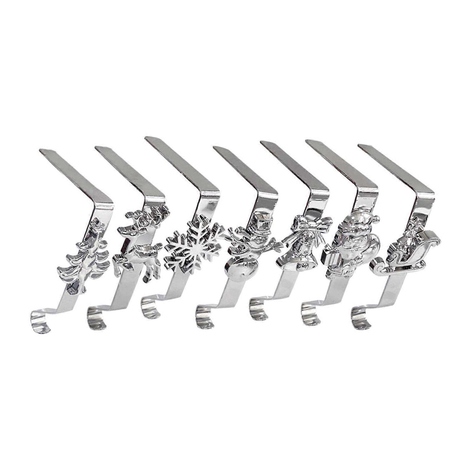 Iron Christmas Tree Stocking Hook With 7 Unique Holiday Pattern Durable Fire place shelf Decoration For Fire place Display  Silver