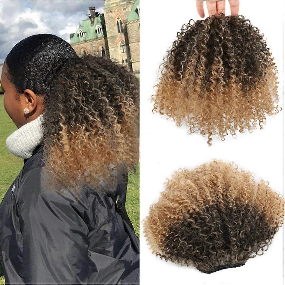 Afro Kinky Curly Drawstring Ponytail Hair Extension for Black Women, Synthetic Wrap Clip 8inch Ombre T1B/27