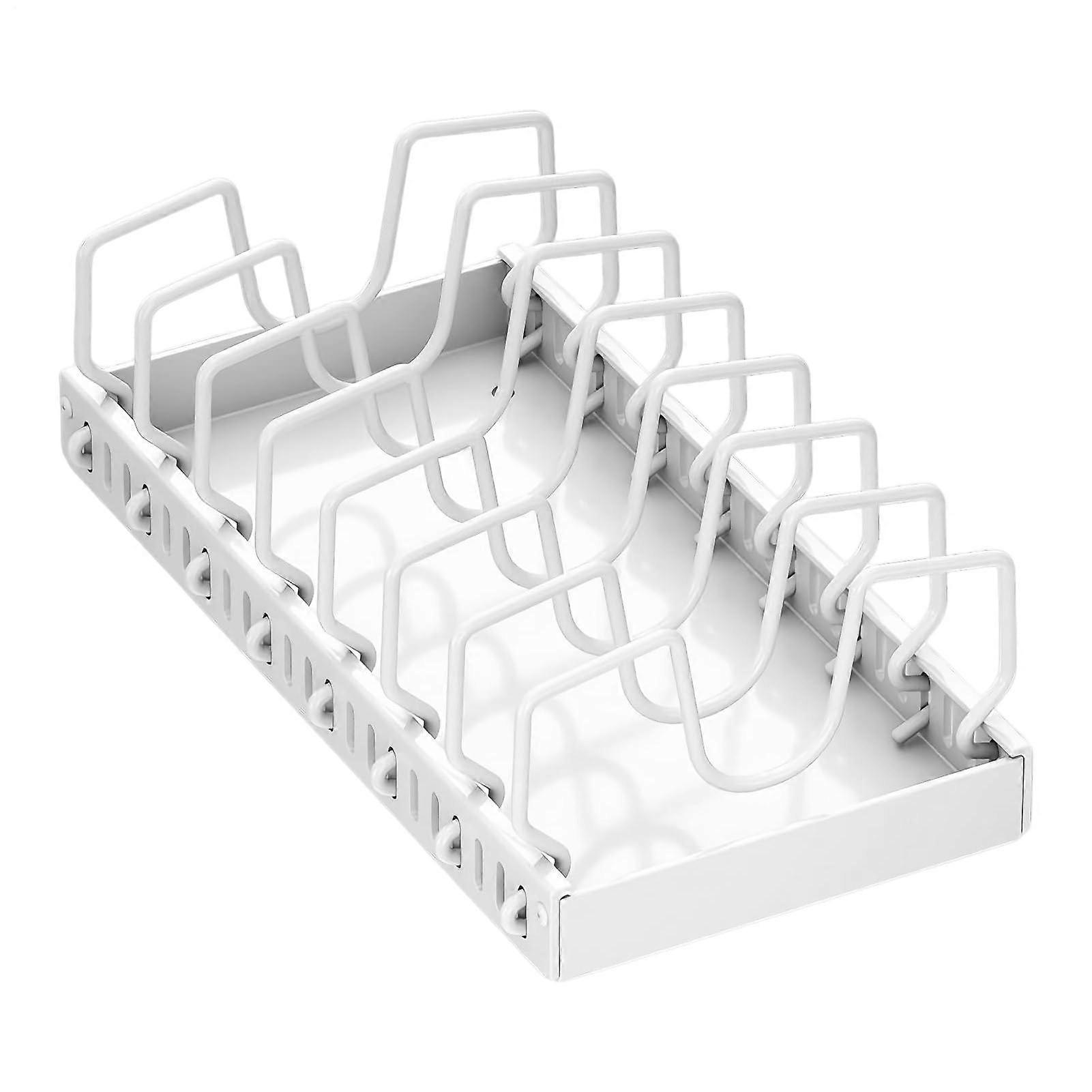 Pull Out Pot Lid Organizer with Adjustable Dividers, Adhesive Cookware Storage Rack for Cabinets, White