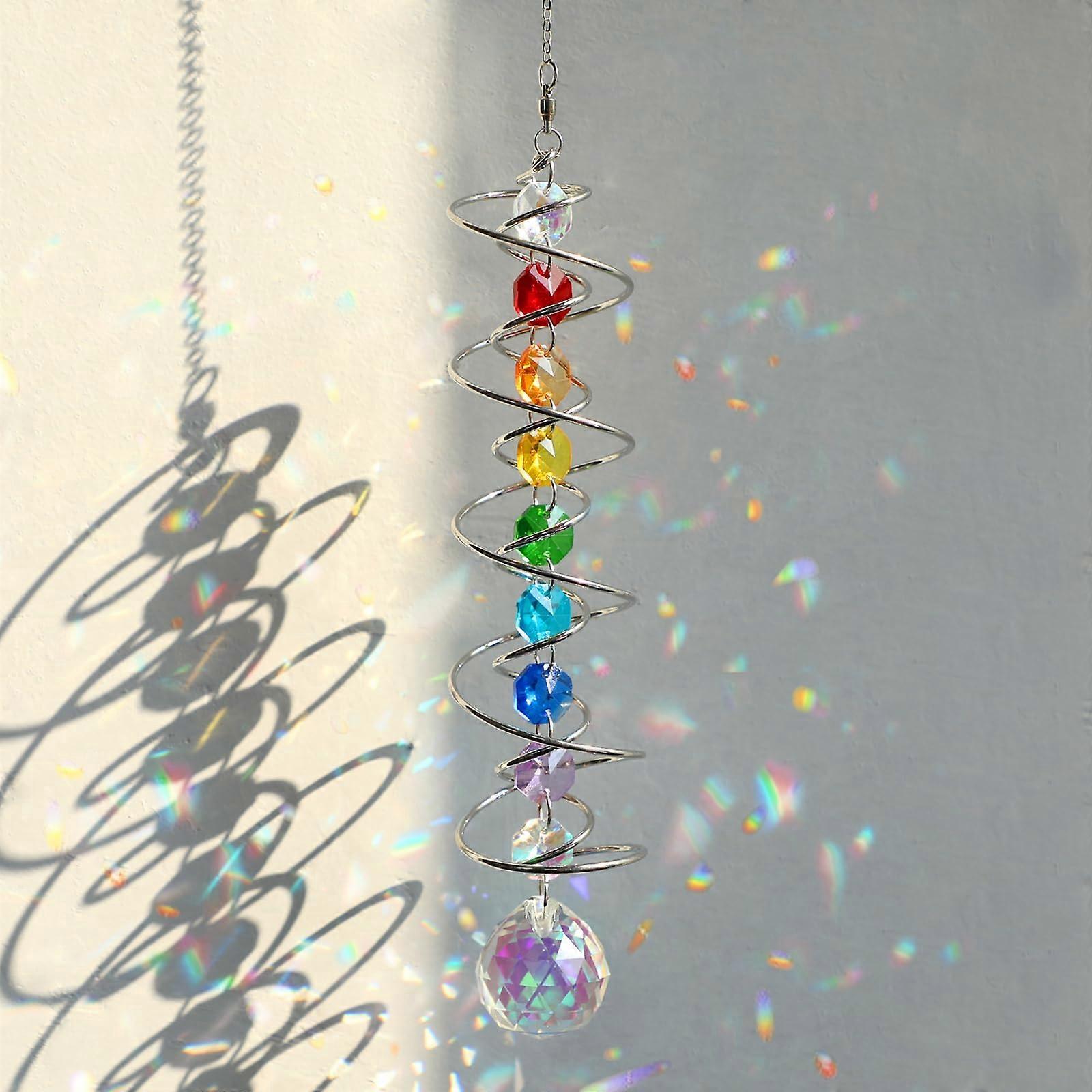 Crystal Suncatcher Wind Spinner with Seven Chakra Beads, Rainbow Reflection for Garden or Window Decor