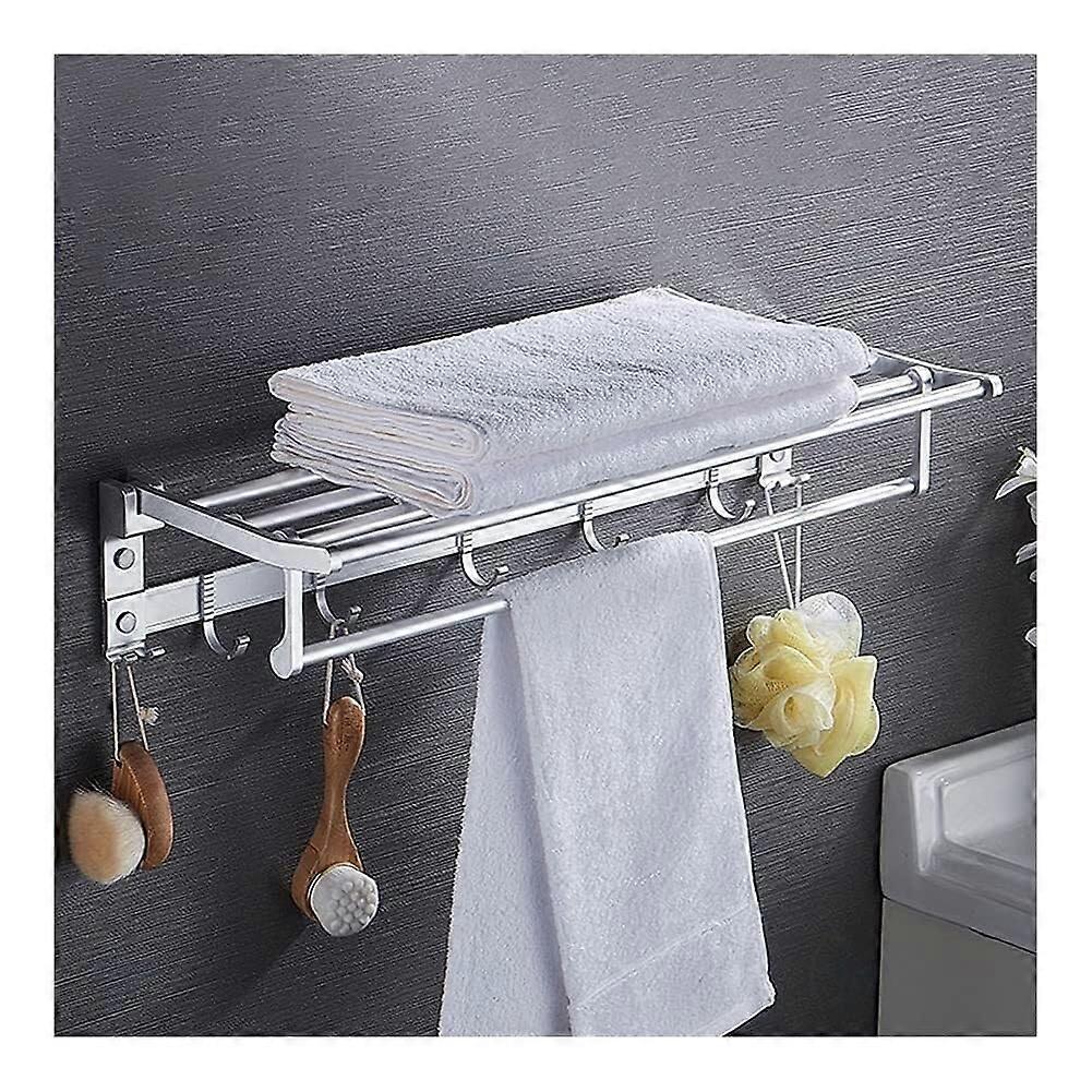 Wall Mounted Folding Towel Rack with Hooks, Aluminum Bathroom Shelf for Space Saving Storage