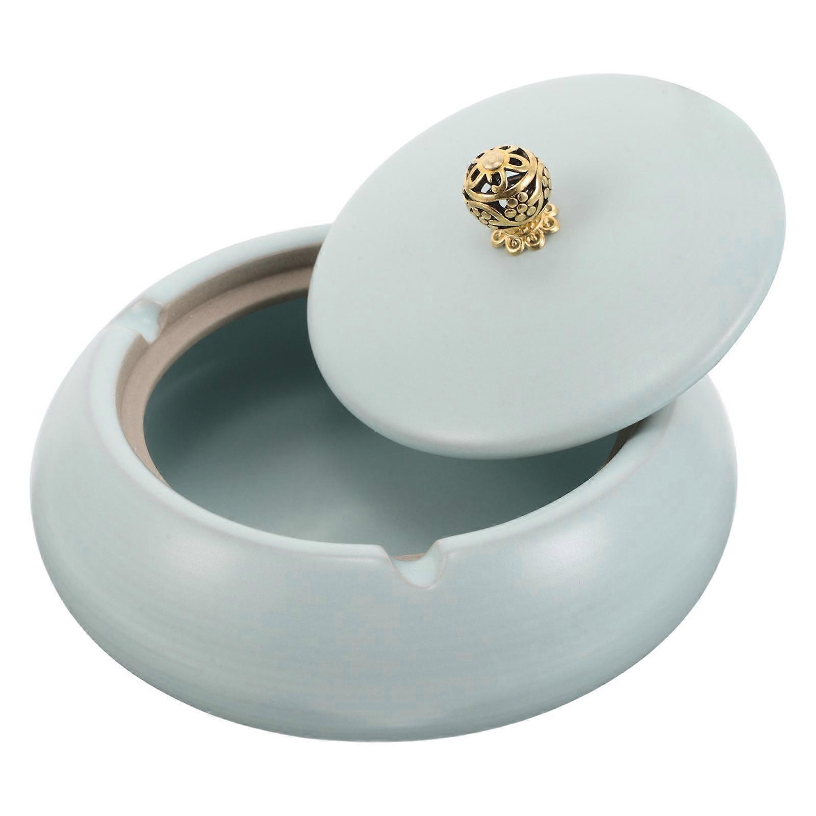 Ceramic Ashtray Windproof Function with Lid for Cigarettes Blue