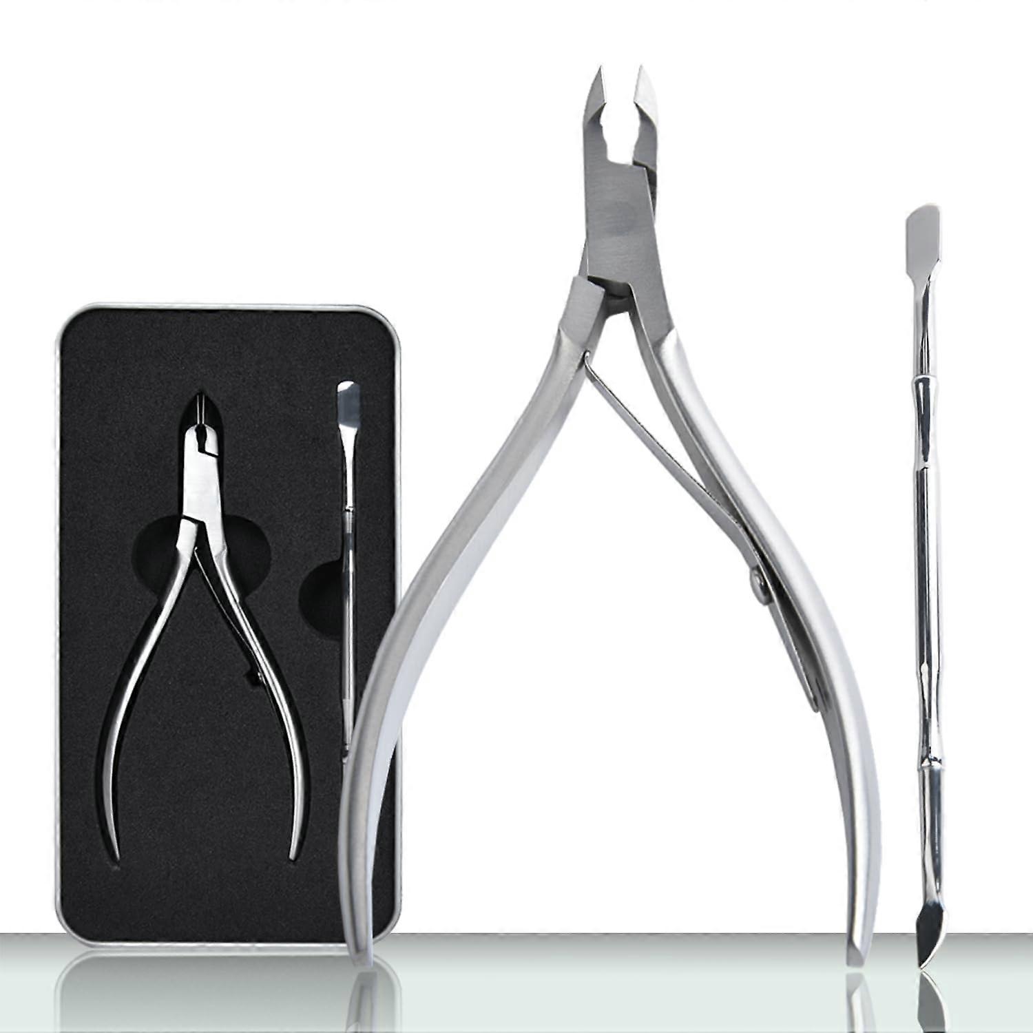 Stainless Steel Cuticle Trimmer and Pusher Set with Metal Box, Precision Manicure Tools