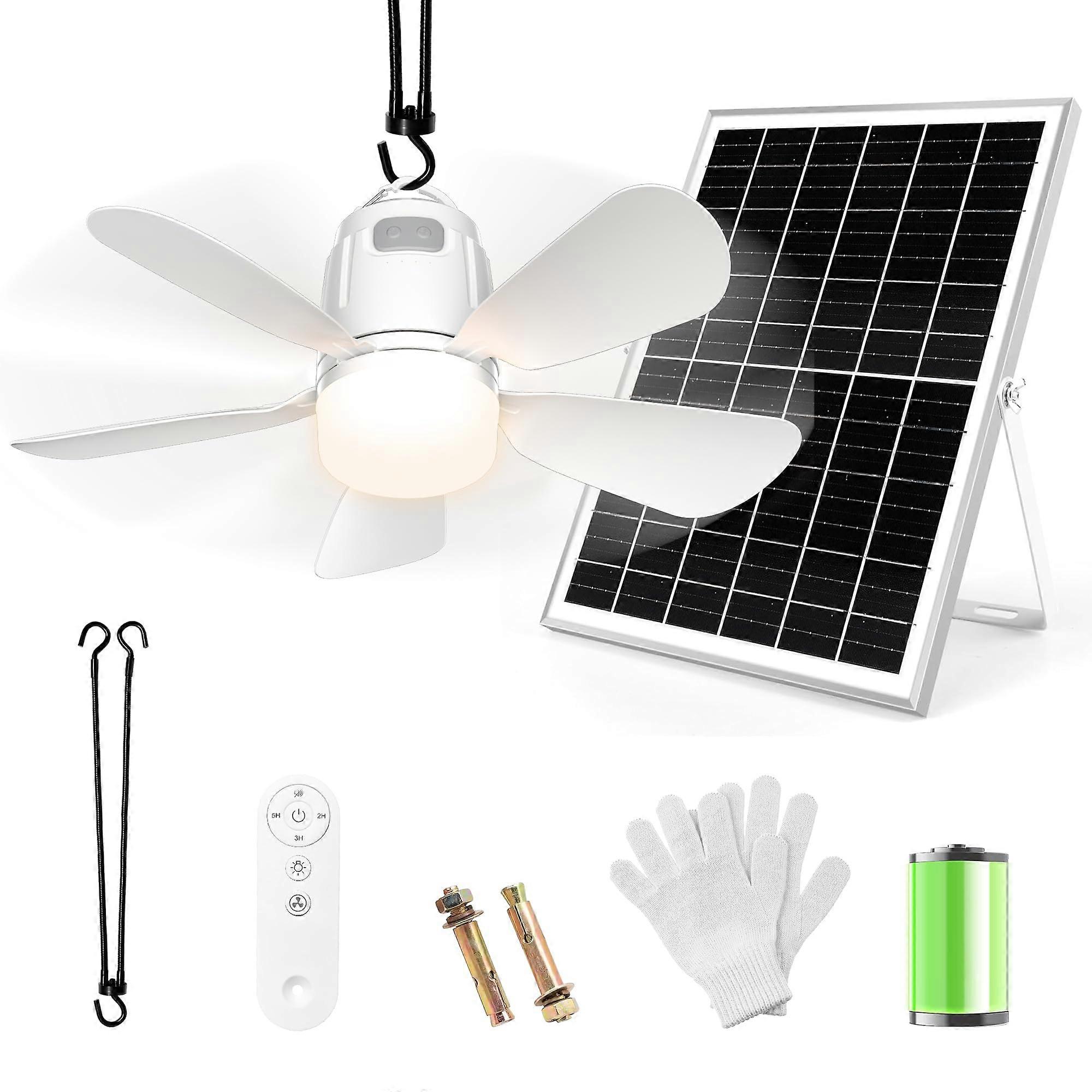 Solar Ceiling Fan with Light and Remote, 30W Solar Powered Outdoor Fan for Gazebo, Patio, RV, 20in White