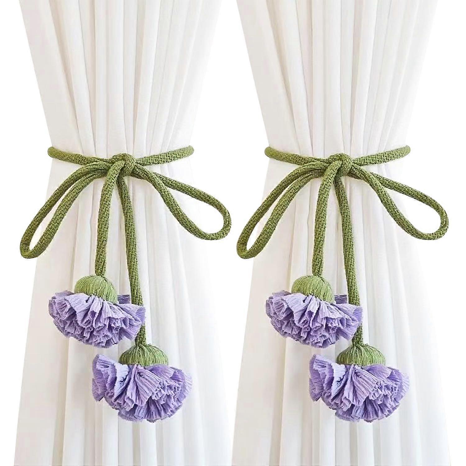 Boho Flower Curtain Tiebacks Set of 2, NoDrill Braided Holdbacks for Bedroom Windows Purple