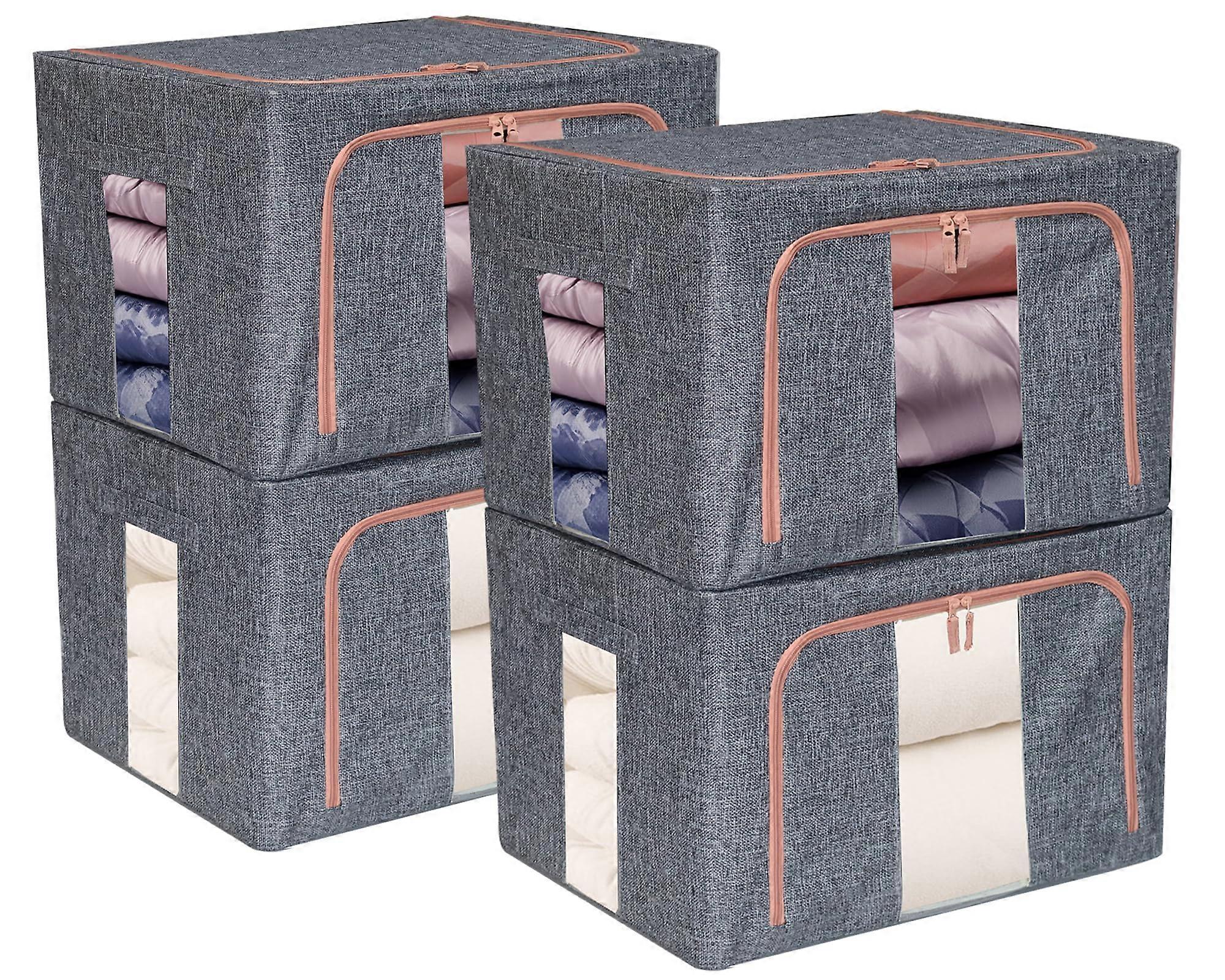 Closet Storage Bins with Metal Frame, 4PC Foldable Fabric Boxes with Lids for Clothes, 60L Gray