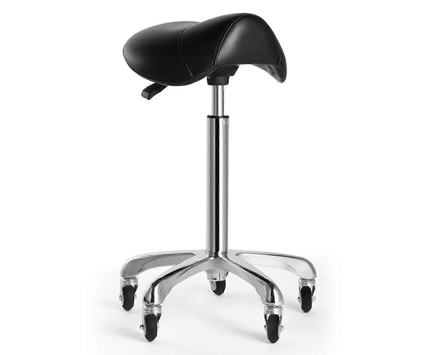 Rolling Saddle Stool with Adjustable Height, Ergonomic Seat, Chrome Base, Black Leather, 5 Wheels