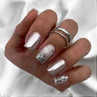 24Pcs Square Press on Nails with Silver Sequins, Glossy Full Cover Reusable Acrylic Fake Nails for Women