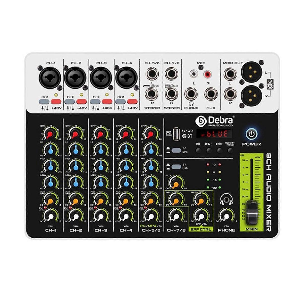 V8 Audio Mixer Small Mixing Console with Bluetooth USB 48V Phantom Power Delay Repaeat for DJ EU Plug