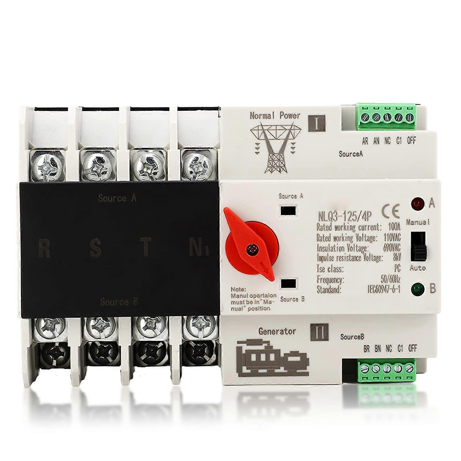 4P 100A Automatic Transfer Switch for Generator, AC110V Rail Mounted ATS Controller with Millisecond Fast Switching