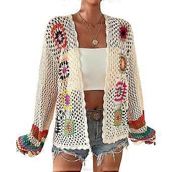 Women's Summer Long Sleeve Cardigan Hollow Out Crochet Knit Cardigan Sweater Cover Up Open Front Beach Shrug Coat Gifts apricot L