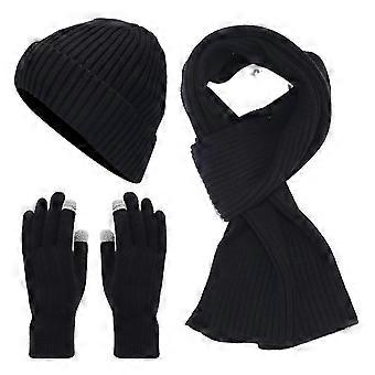Conjunto de 3 gorros y bufandas de invierno unisex, largos, con pantalla táctil y guantes, de color liso, con textura acanalada y tejido cálido.