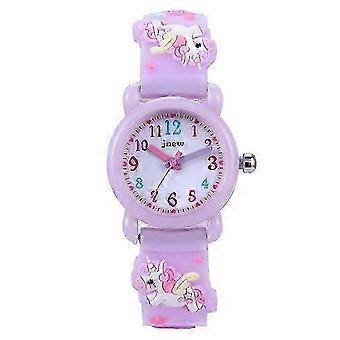3D-Kinderuhr mit Cartoon-Motiv, wasserdicht, Quarzwerk, Einhorn, lila